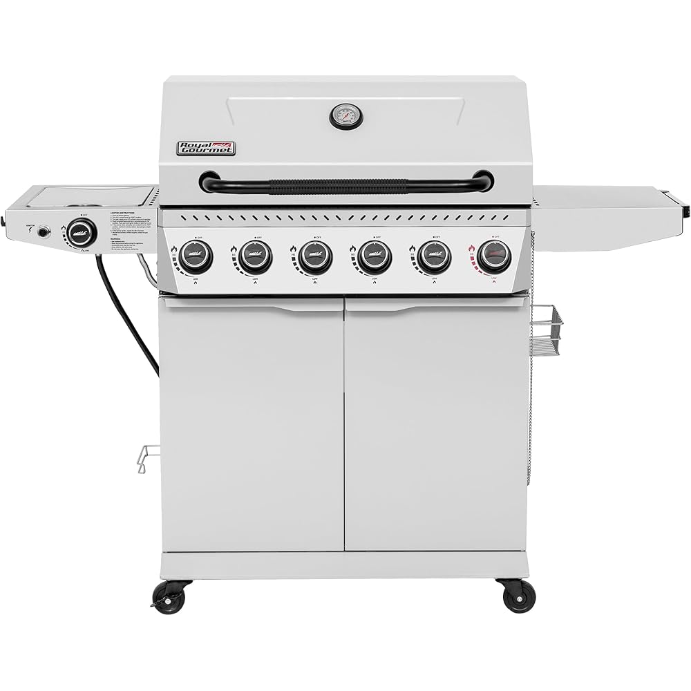 Royal Gourmet GA6406W 6 Burner Propane Gas Grill with Foldable Right-Side Table, 74,000 BTUs, Cabinet Style Gas BBQ Grill with Side Burner for Barbecue Grilling &amp; Backyard Cooking, White