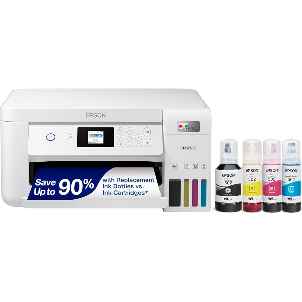 Epson EcoTank ET-2850 Wireless Color All-in-One Cartridge-Free Supertank Printer with Scan, Copy and Auto 2-sided Printing White (Renewed)