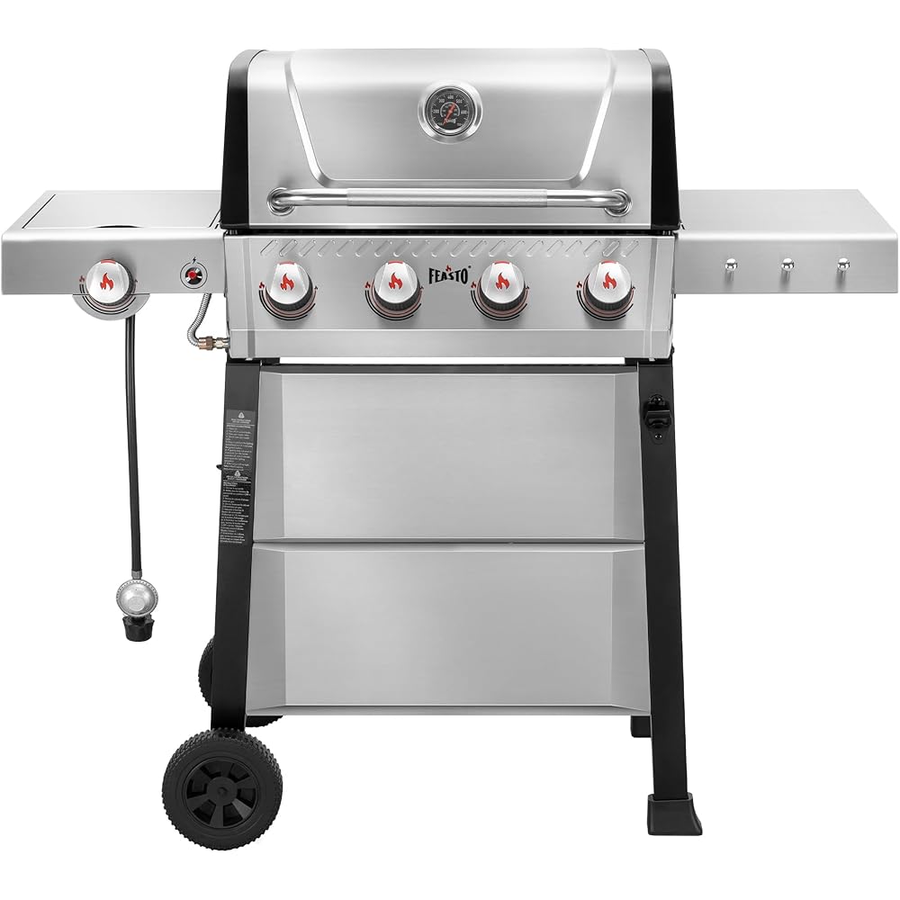 Feasto 4-Burner Propane Gas Grill with Side Burner&amp;Table, Outdoor BBQ Grill with Porcelain-Enamel Cast Iron Grates for Patio, 48,000 BTU Output Propane Grills for Outdoor Cooking, Stainless Steel
