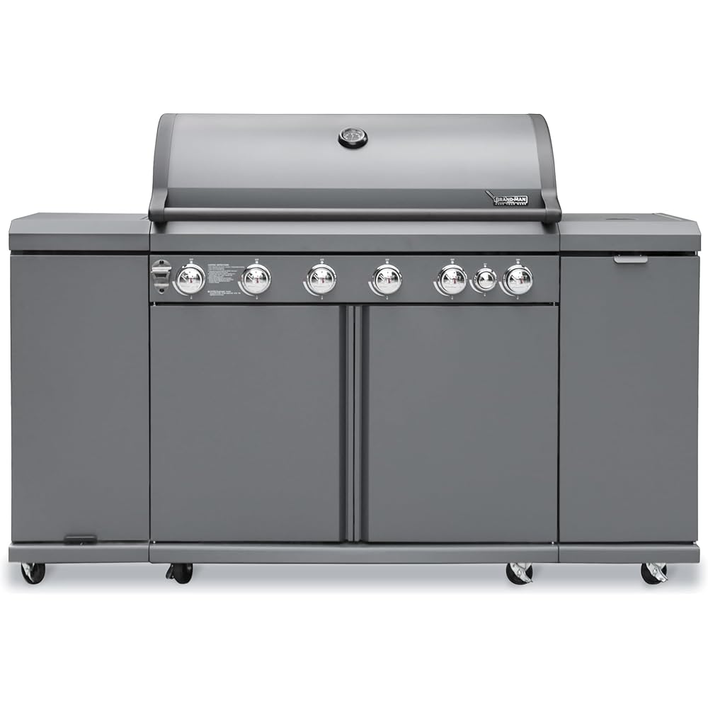 Brand-Man 6-Burner Gas Outdoor Kitchen Grill Island with Side Burner 72,000 BTU Stainless Steel BBQ Grill Station with Storage Cabinets, Fold-out Prep Table, LPG/NG Convertible, Gray