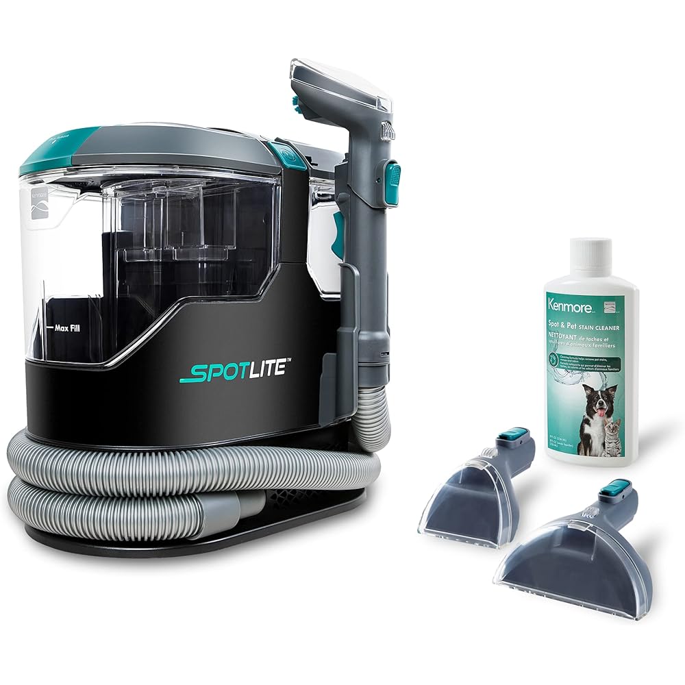 Kenmore KW2001 SpotLite Portable Carpet Spot Cleaner &amp; Pet Stain Remover, 17Kpa Powerful Suction with Versatile Tools for Upholstery, Couches, Car and Auto Detailer, Gray