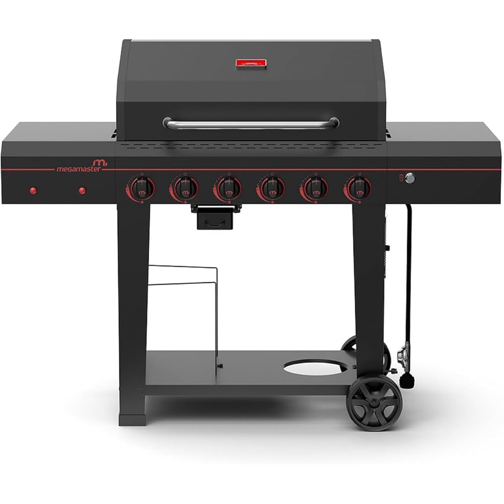 Megamaster 6-Burner Propane Gas Grill w/Side Shelves &amp; Hooks, 54000BTUs, Outdoor Cooking, Barbeque, Patio, Camping, Tongs Included, Black, 720-0983TG