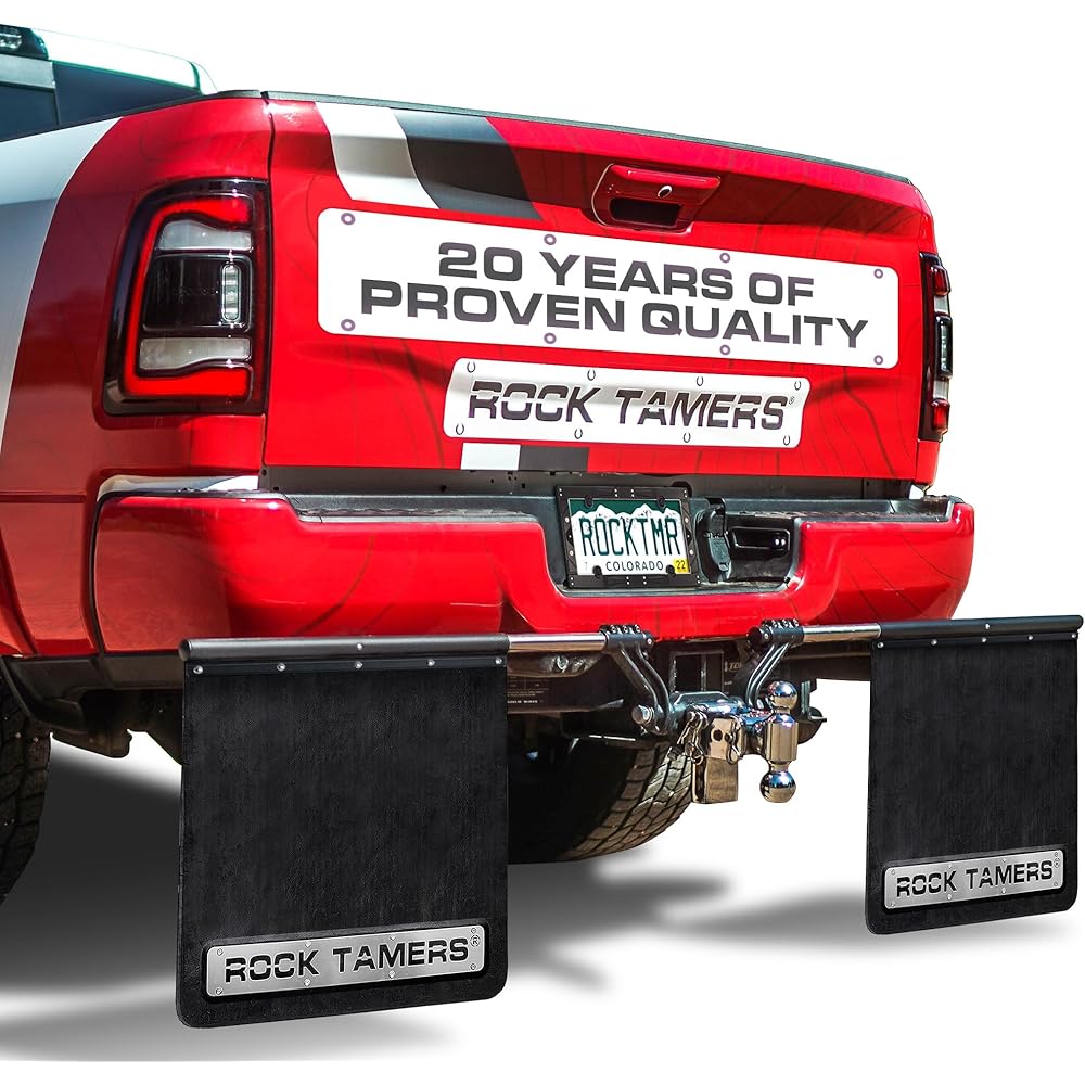 Rock Tamers 3" Official Mudflap System 00112 3" Hitch Receiver, Check Measurements Hitch Mounted Mud Flaps to Protect What You Tow Removeable and Adjustable Black/Stainless Steel 1 System