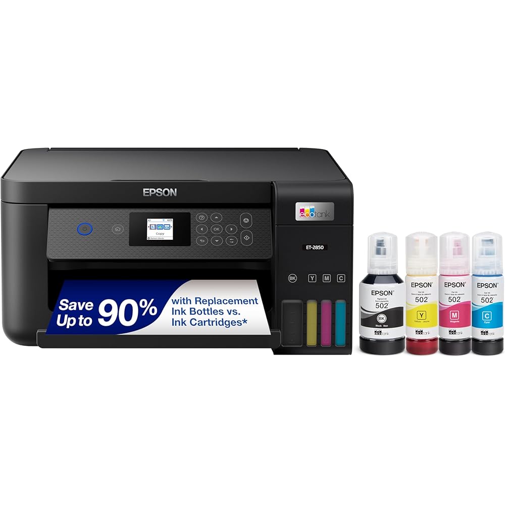 Epson EcoTank ET-2850 Wireless Color All-in-One Cartridge-Free Supertank Printer with Scan, Copy and Auto 2-Sided Printing Black, Medium