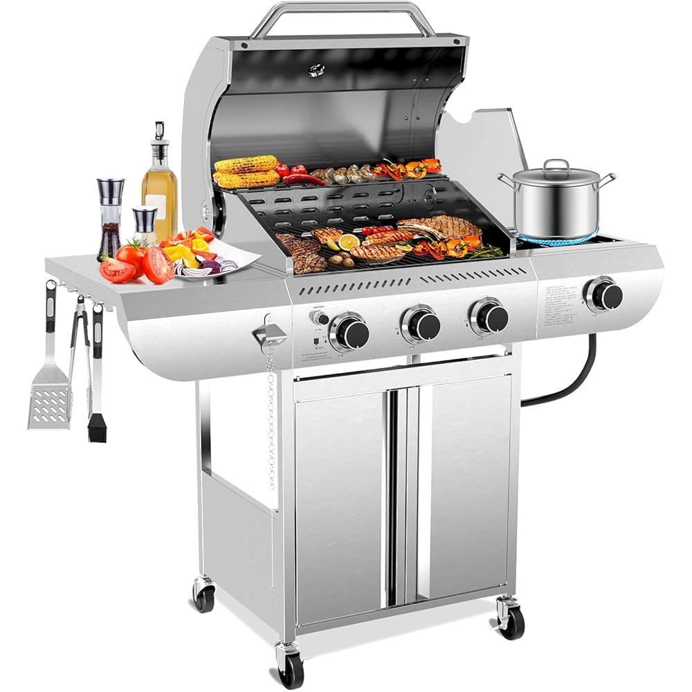 Electactic 3-Burner Propane Gas Grill with Side Burner – 34,000 BTU Stainless Steel Outdoor BBQ Grill, Cast Iron Grates, Portable with Wheels for Patio, Camping