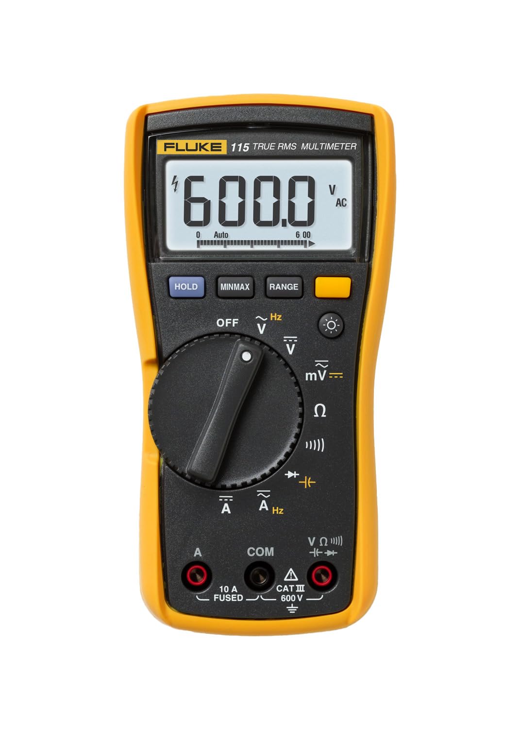 Fluke 115 Digital Multimeter, Measures AC/DC Voltage To 600 V &amp; Current to 10 A, Measures Resistance, Continuity, Frequency &amp; Capacitance, Includes Battery, Holster &amp; 4mm PVC-Insulated Test Lead
