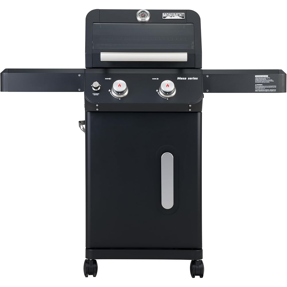 Monument Grills 2-Burner Stainless Steel Liquid Propane Gas Grill, Two Foldable Shelves Patio Garden Barbecue Grill with Clearview® Lid, Knob Control Mesa220, Black