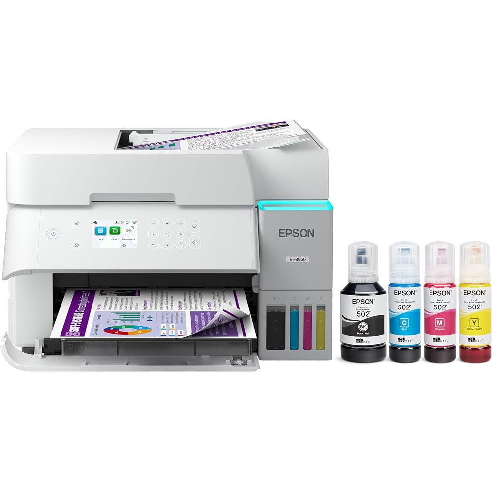 Epson EcoTank ET-3950 Wireless All-in-One Color Supertank Printer with up to 3 Years of Ink, Refillable Tanks, Perfect for Home Office, 18 PPM, 2.4" Color Screen, Auto Document Feeder – White