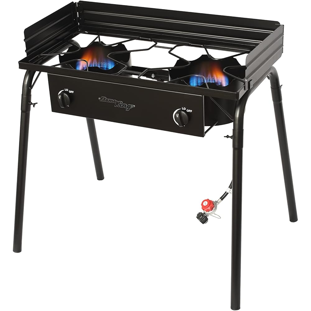 Flame King Outdoor Propane Double Dual Burner Stove 200K BTU Turkey Fryer/Camp Cooker, Portable with Stand Great for Backyard Cooking, Home Brewing &amp; Canning