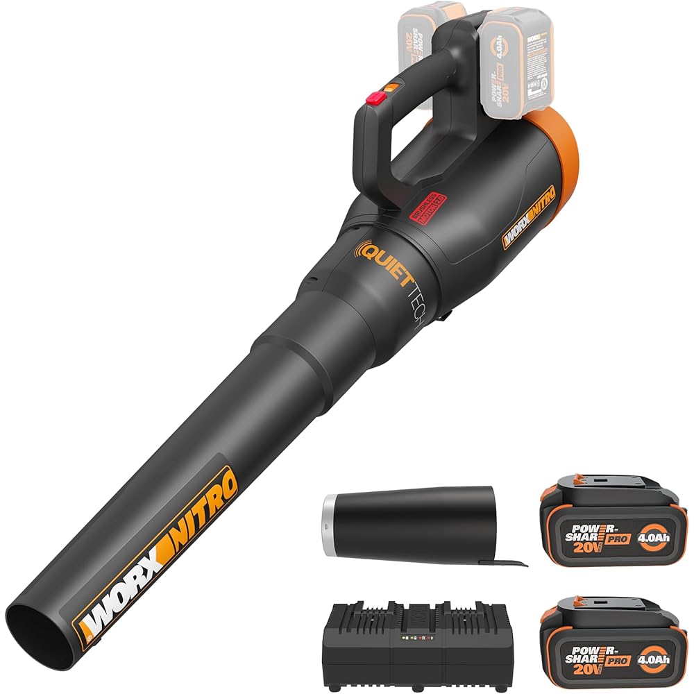 WORX Nitro WG581.1 40V Cordless Leaf Blower, Quiet Electric Blower for Lawn Care with 530CFM &amp; 180MPH, 2 Batteries &amp; Charger Included