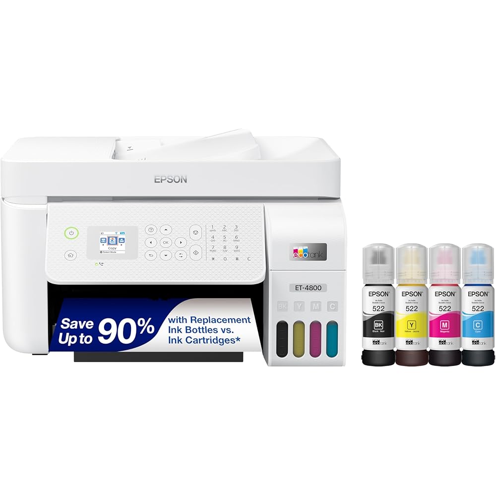 Epson EcoTank ET-4800 Wireless All-in-One Cartridge-Free Supertank Printer with Scanner, Copier, Fax, ADF and Ethernet – Ideal-for Your Home Office, White