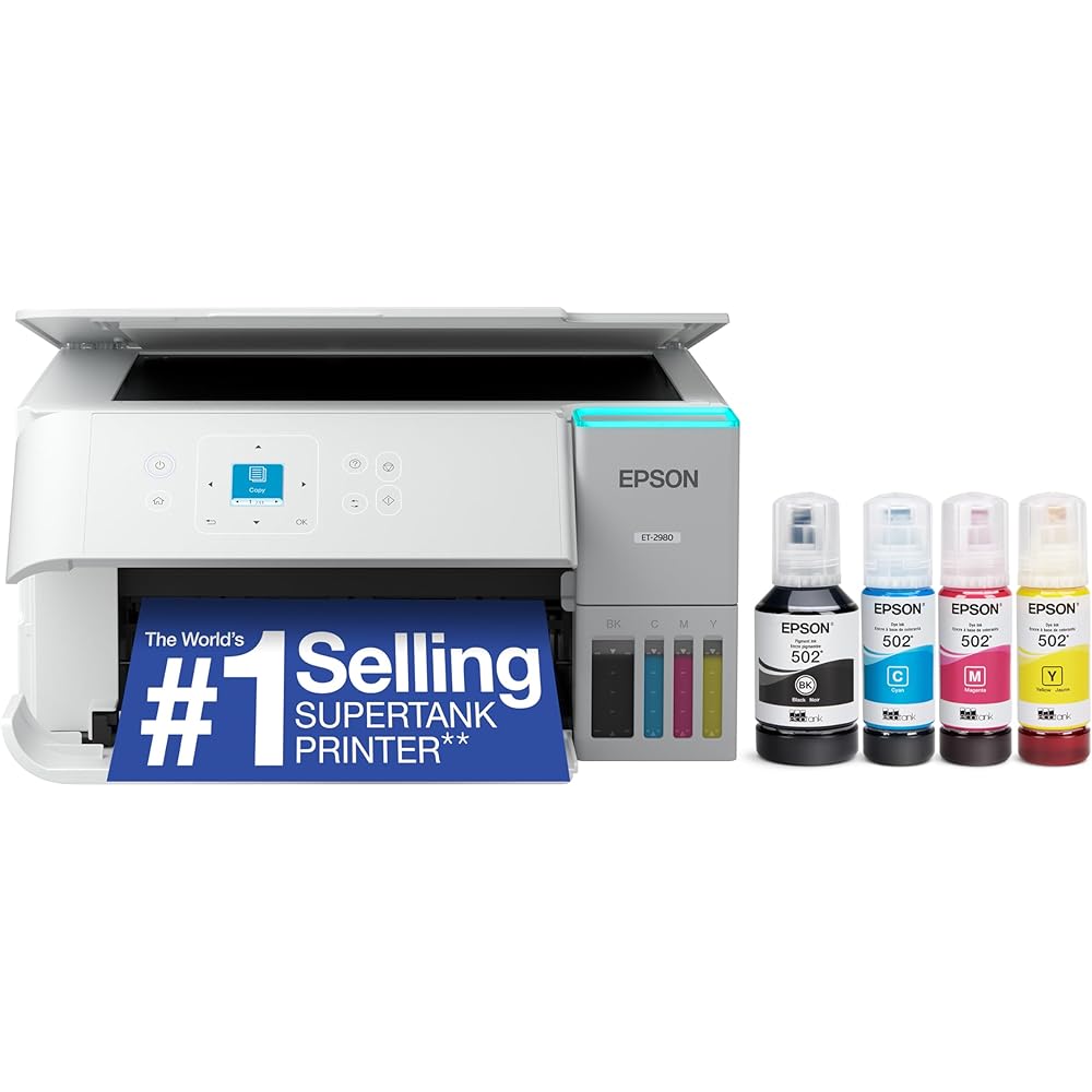 Epson EcoTank ET-2980 Wireless All-in-One Color Supertank Printer with up to 3 Years of Ink, Refillable Tanks, Perfect for Home, 15 PPM, 1.44" Color Screen, Auto 2-Sided Printing White