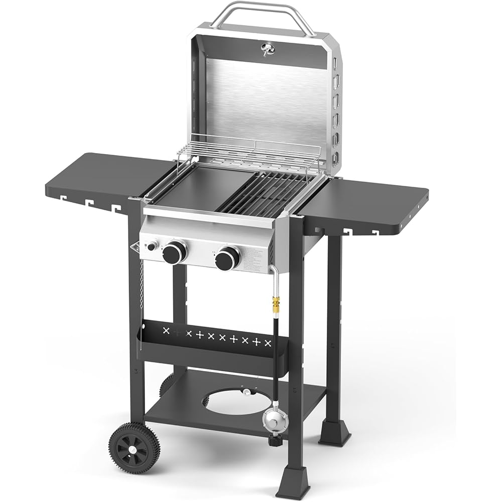Electactic Propane Gas BBQ Grill 2-Burner Barbecue Grills with Cast Iron Frying Pan and Grates Combo, 16000 BTU Output Stainless Steel Grill for Outdoor Cooking, Patio, Backyard Party