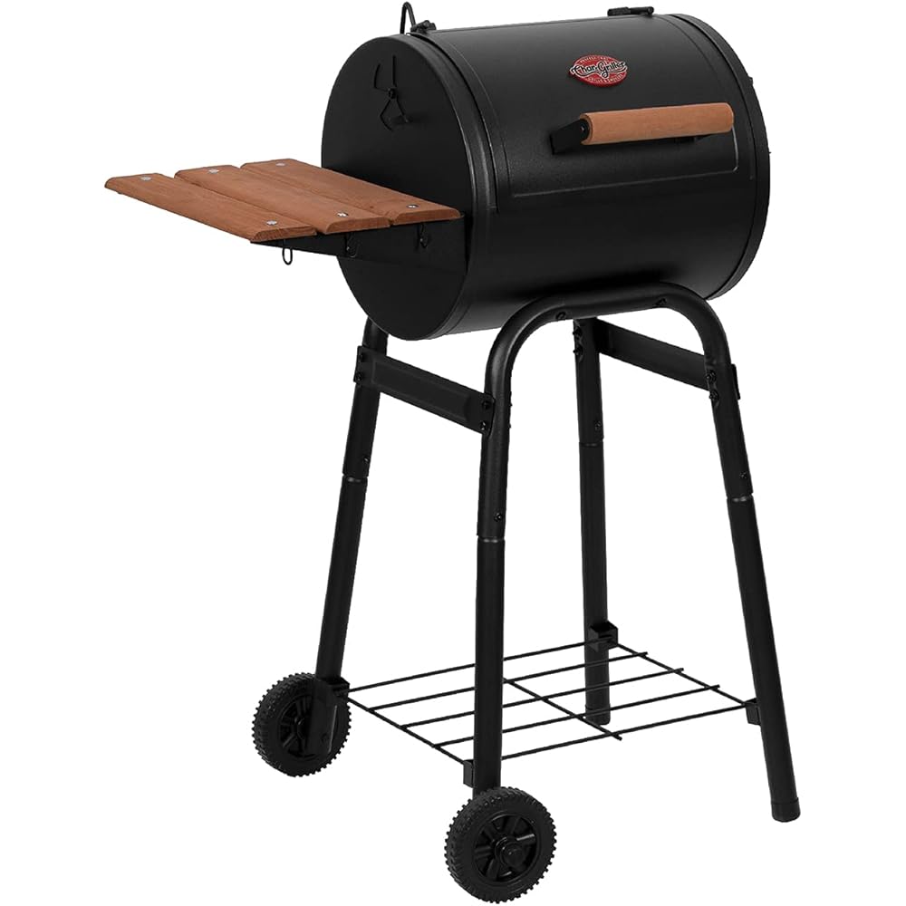 Char-Griller® Patio Pro Charcoal Grill and Smoker with Cast Iron Grates, Premium Wood Shelf and Damper Control, 250 Cooking Square Inches in Black, Model E1515