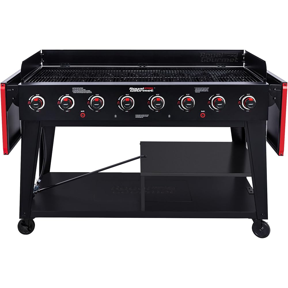 Royal Gourmet GB8003 8-Burner Propane Gas Grill with Foldable Side Tables, Large Propane BBQ Grill with Porcelain-Enameled Steel Wire Grates for Outdoor Party or Backyard Grilling, Black