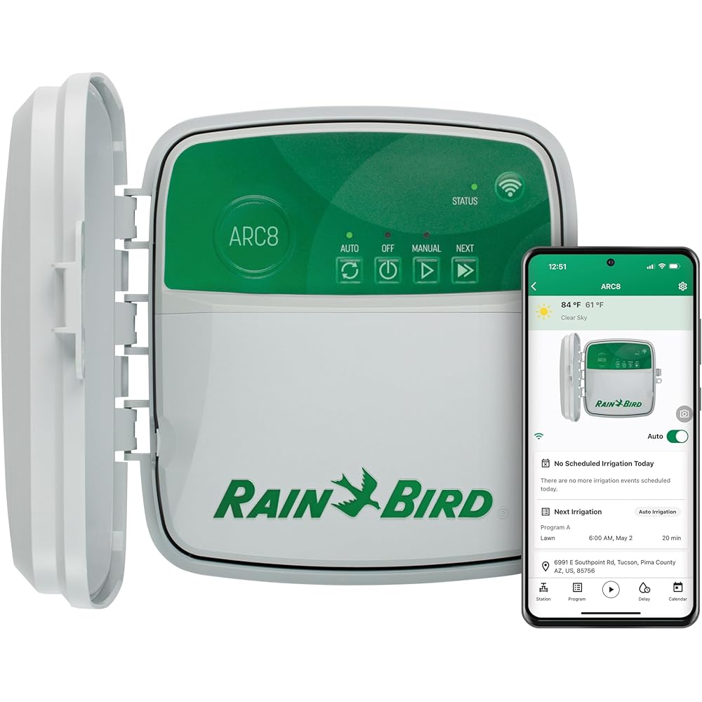Rain Bird ARC8 App-Based Indoor/Outdoor Smart Irrigation WiFi Timer/Controller, 8-Zone/Station, EPA WaterSense Certified, Compatible with Alexa