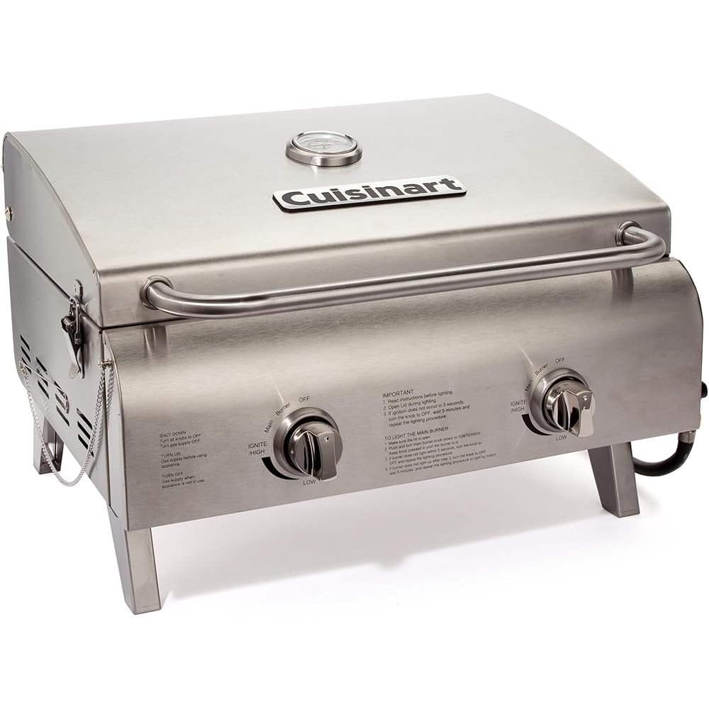Cuisinart Chef's Style Tabletop Portable Propane Gas Grill, 20,000 BTU Stainless Steel 2-Burner Outdoor BBQ Grill for Camping, Tailgates, BBQ, Hassle-Free Setup