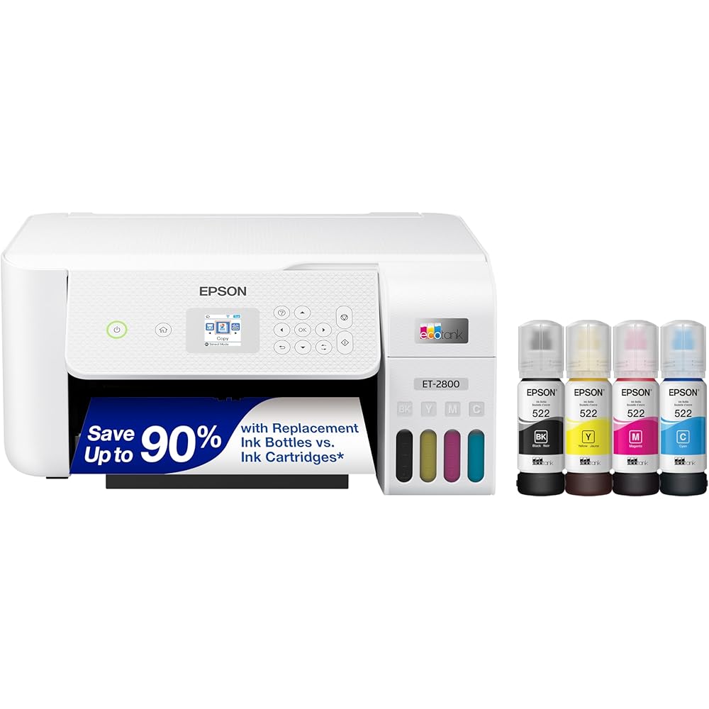 Epson EcoTank ET-2800 Wireless Color All-in-One Cartridge-Free Supertank Printer with Scan and Copy â€“ The Ideal Basic Home Printer White, Medium