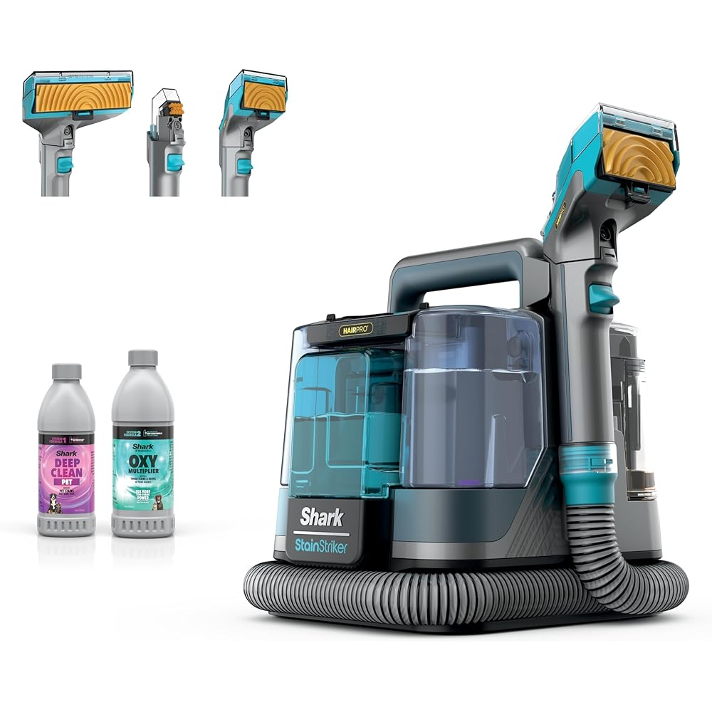 Shark StainStriker HairPro Portable Carpet, Upholstery &amp; Area Rug Cleaner, Self-Cleaning, Stain, Hair &amp; Odor Remover, Perfect for Pets &amp; Car Interiors, 3 Tools &amp; Pet Cleaning Solution, Teal, PX253BRN