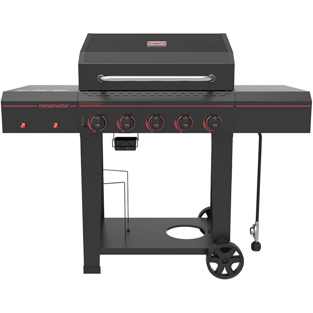 Megamaster 720-0982 5 Burner Propane Barbecue Gas Grill, Side Shelves with Hooks, for Outdoor Cooking, Patio, Garden Barbecue Grill, 50000 BTUs, Open Chart, Black